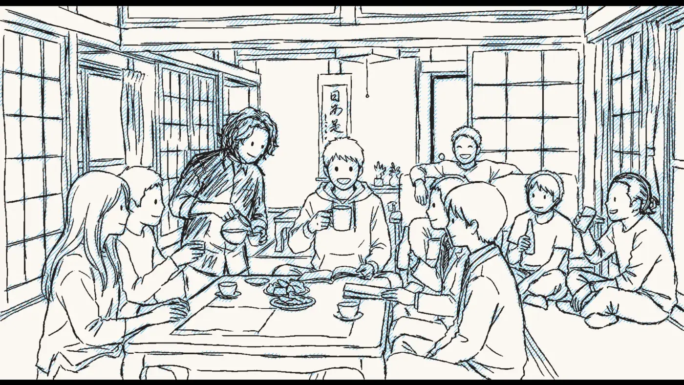 和室のテーブルを囲んでお茶を楽しむ人々の手描き風イラスト