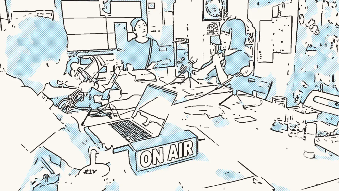 ON AIR ランプ越しに見る収録風景の手描き風イラスト